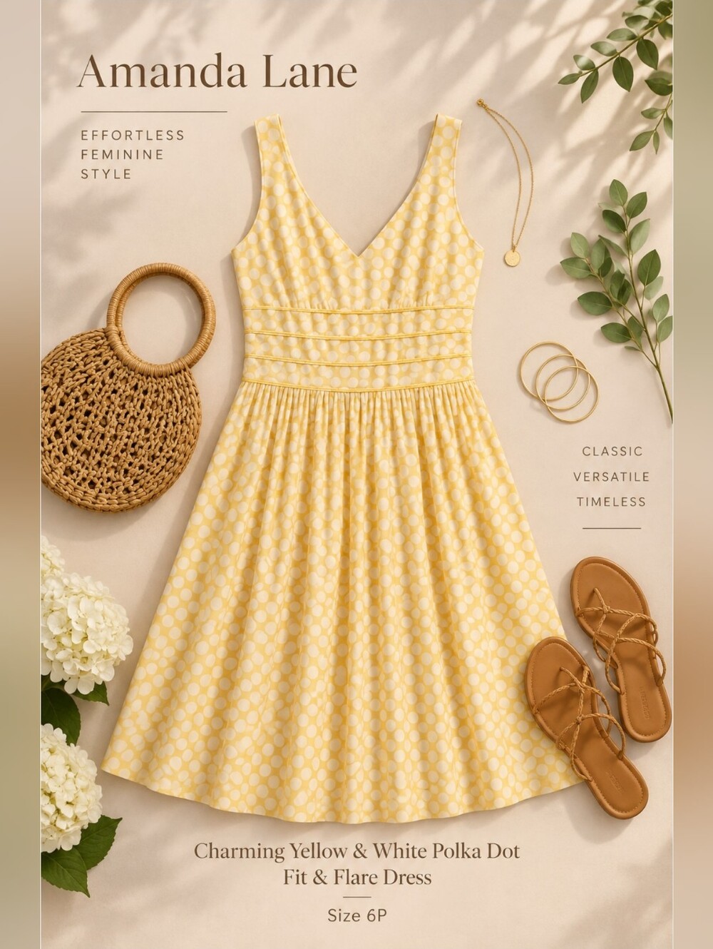 💛EUC Amanda Lane Charming Yellow & White Polka Dot Fit & Flare Dress, Size 6P